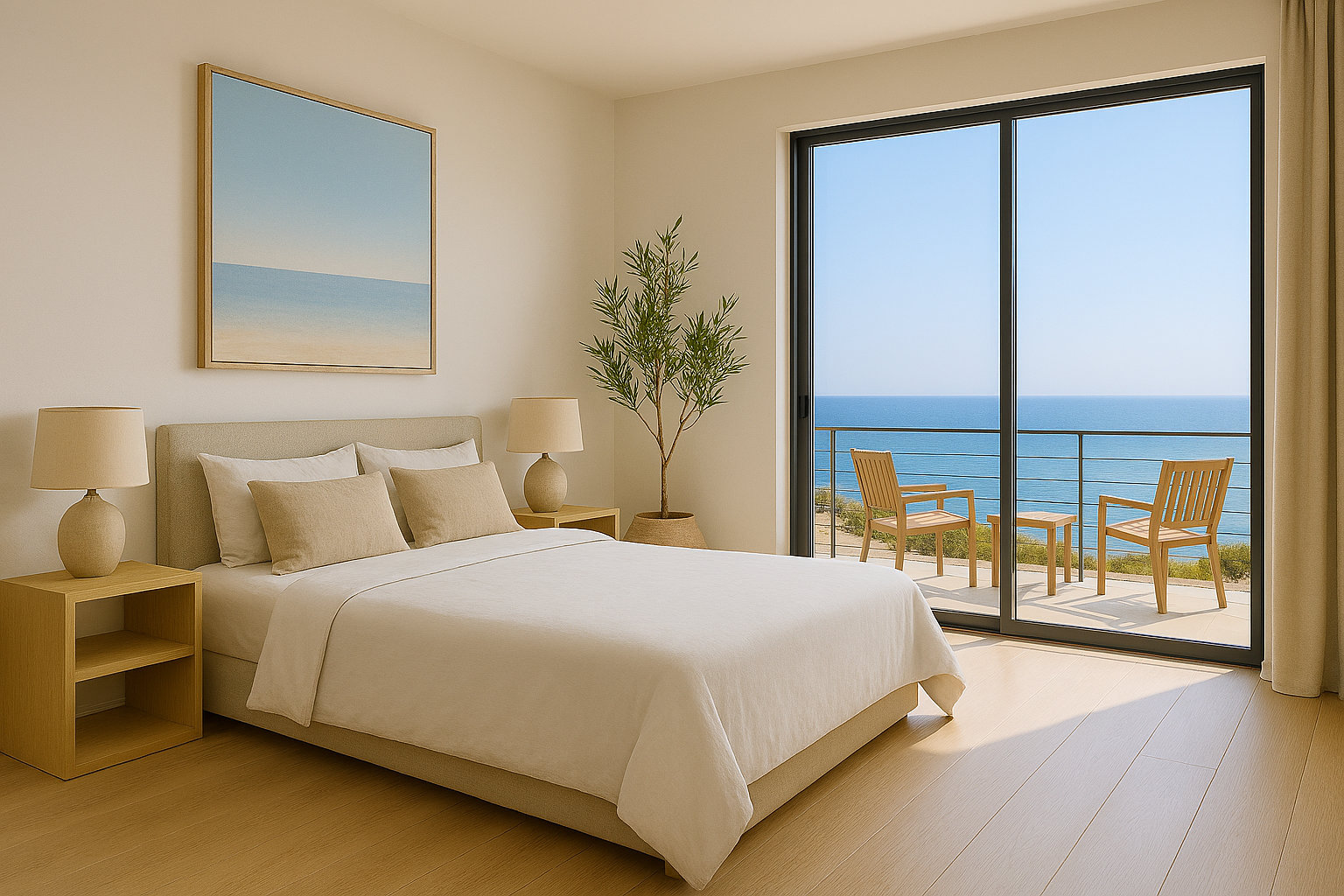 Spacious bedroom with ocean view and balcony